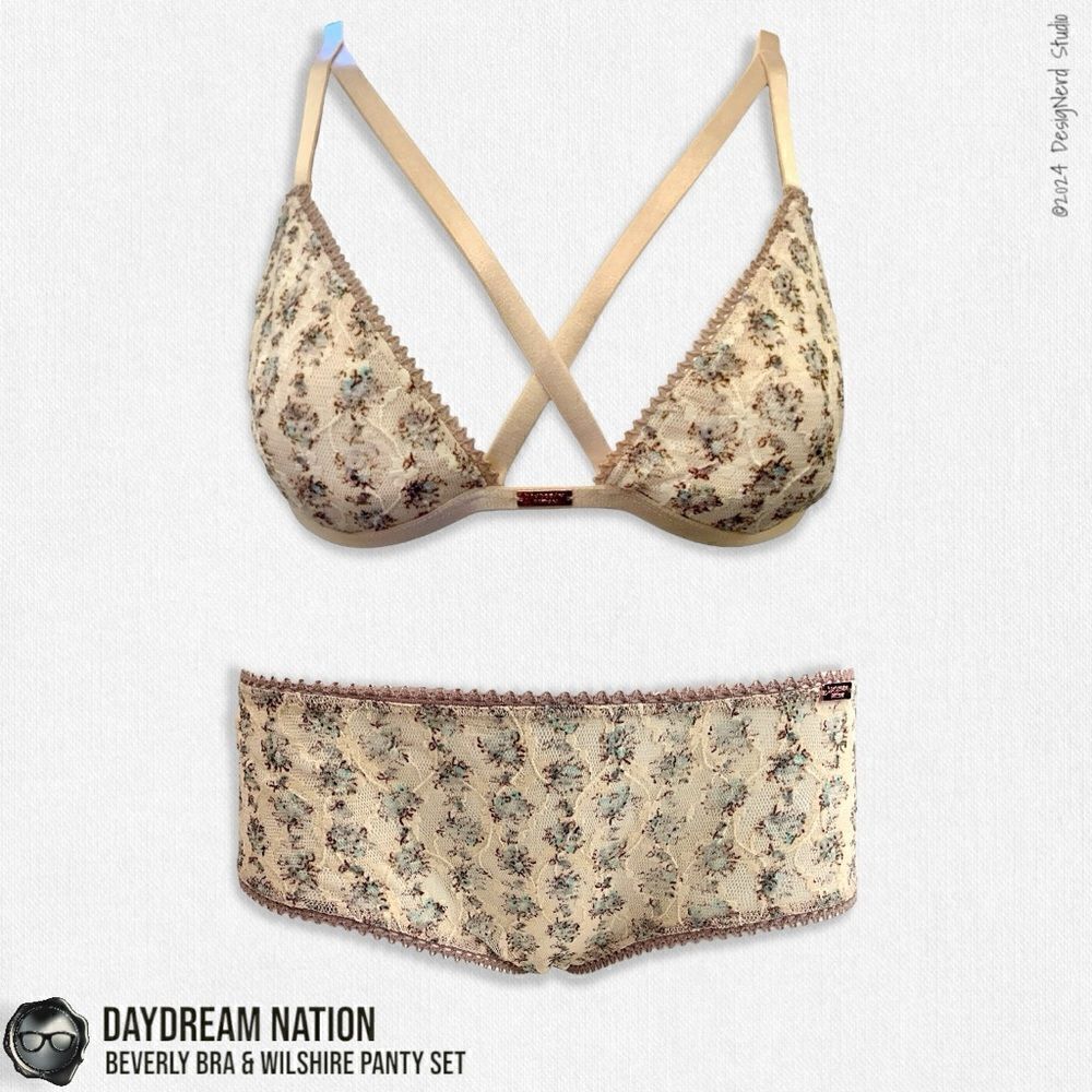 DAYDREAM NATION BEVERLY BRA & WILSHIRE PANTY SET IN TAN DAINTY FLORAL MESH LACE - Picture 3 of 14